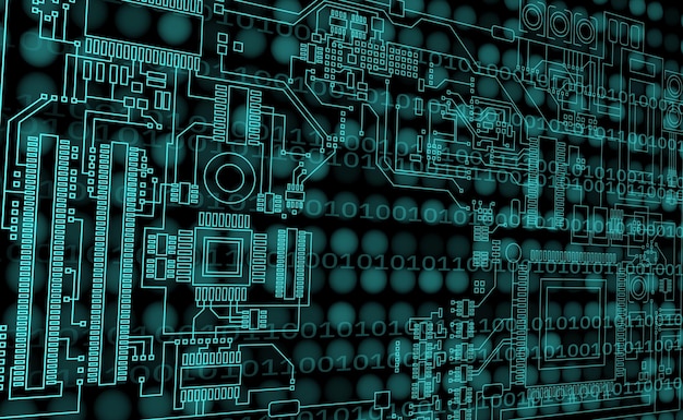 Processador futurista de microchip com luzes sobre o fundo azul Grandes dados do computador quântico