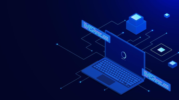 Processamento de big data com laptop e servidor isométrico Armazenamento e transferência de dados de fluxo de dados