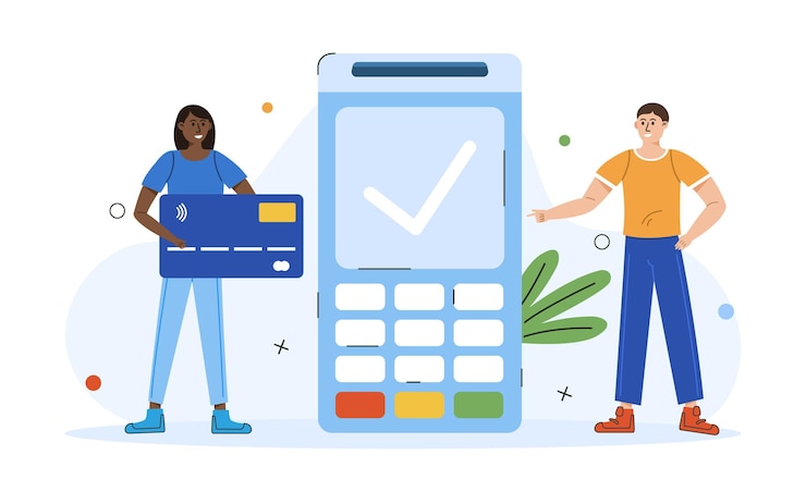 Vetor processamento on-line de transação sem fio de pagamento sem contato mulher com ilustração vetorial de cartão