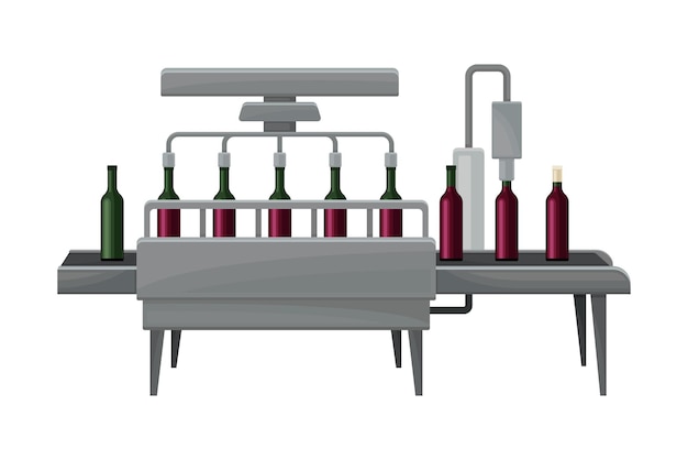 Vetor processo de adesão de etiquetas de garrafas de vinho com recipientes de vidro que se movem no vetor de correia transportadora