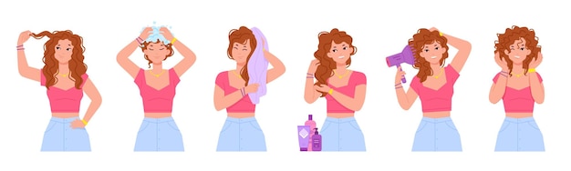 Vetor processo de cabelo encaracolado curl girl método conceito mulheres bonitas com cabeça de lavagem usam ferramentas de cuidado de cabelo aplicador de cuidado de cabelo molhado cuidando de produto cosmético spray vetor ilustração de cuidado e tratamento