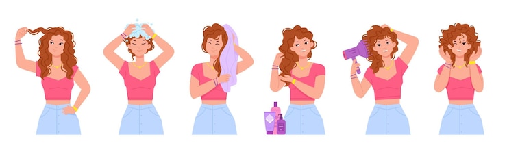 Vetor processo de cabelo encaracolado curl girl método conceito mulheres bonitas com cabeça de lavagem usam ferramentas de cuidado de cabelo aplicador de cuidado de cabelo molhado cuidando de produto cosmético spray vetor ilustração de cuidado e tratamento