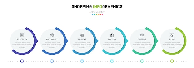 Processo de compra com 6 etapas sucessivas do cronograma. seis elementos infográficos coloridos