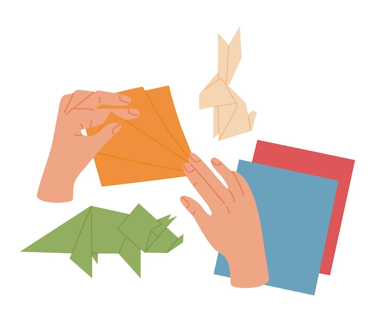 Processo de fabricação de origami Mãos com figuras de animais de papel colorido Oficina criativa para crianças Ilustração vetorial isolada no fundo branco Mão desenhada em estilo moderno de desenho animado plano moderno