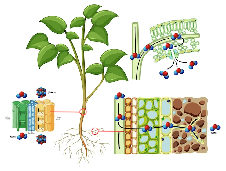 Vetor processo de fotosíntese em plantas ilustrado