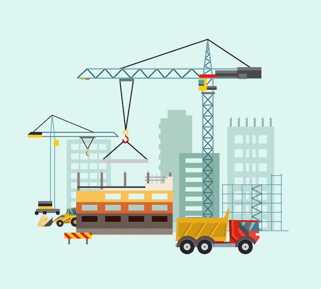 Processo de trabalho de construção com casas e máquinas de construção. Ilustração vetorial