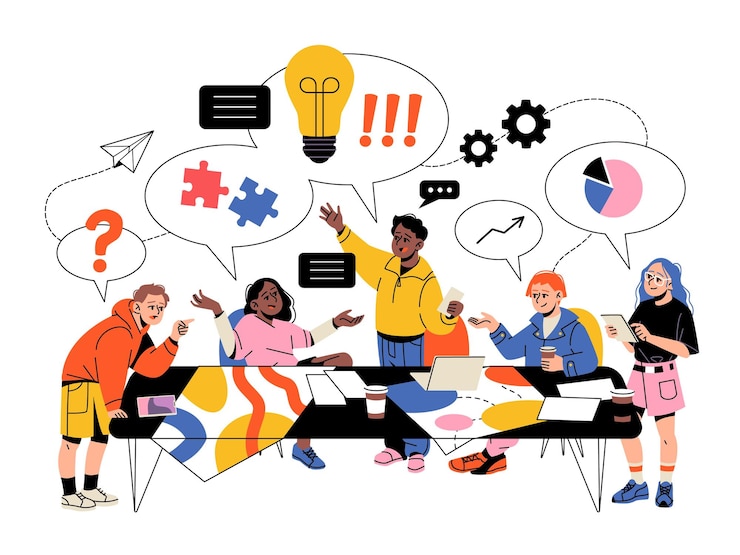 Vetor processo de trabalho em equipe grupo de jovens criativos coworking escritório pessoas personagens conjunto brainstorming roupas de cores brilhantes trabalhadores felizes ideias apresentação e discussão conceito de vetor arrumado