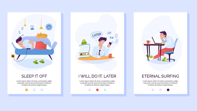 Procrastinação e perda de tempo modelo de site para celular. interface da página da web do smartphone para preguiça e dependência de mídia social com instruções passo a passo