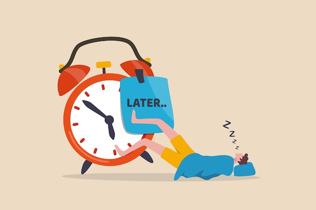 Vetor procrastinação faça mais tarde, adie para trabalhar amanhã, conceito improdutivo e desculpa