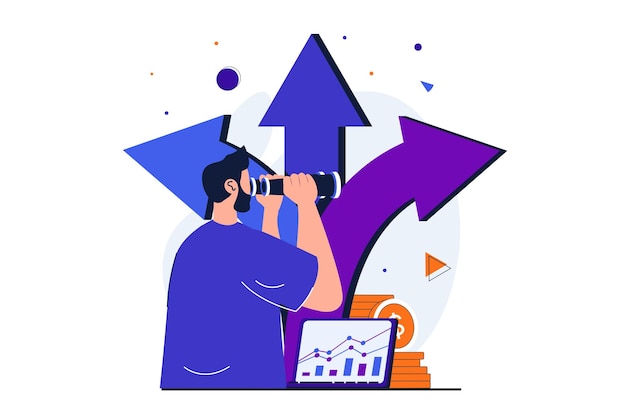 Procurando oportunidades conceito plano moderno para web banner design Homem com luneta vê