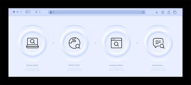 Procure informações sobre o ícone do conjunto de internet lupa de laptop planeta world web www bolha de fala surf dados do usuário conceito de tecnologia interface de site de neomorfismo ícone de linha vetorial