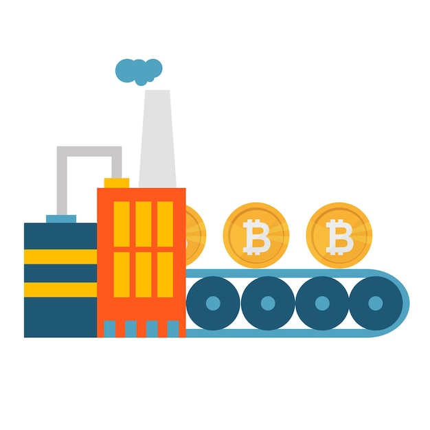 Produção de criptomoeda bitcon mining conveyor technology ilustração em vetor conceito moderno de dinheiro na web