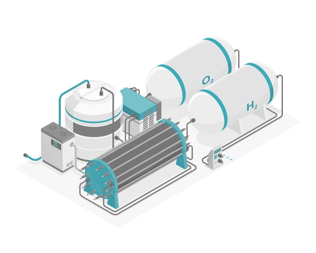 Vetor produção de usina de energia de hidrogênio h2 energia verde ecologia sistema diagrama de layout vetor isométrico