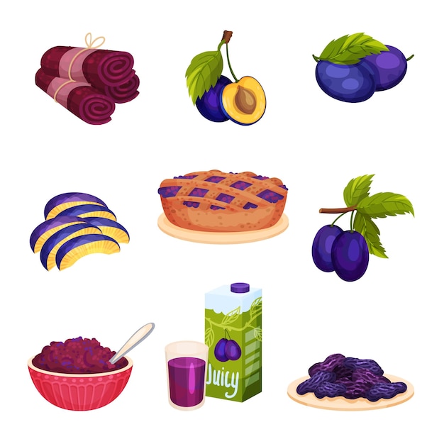 Produto alimentar à base de ameixas com conjunto vetorial de tortas doces e doces de frutas
