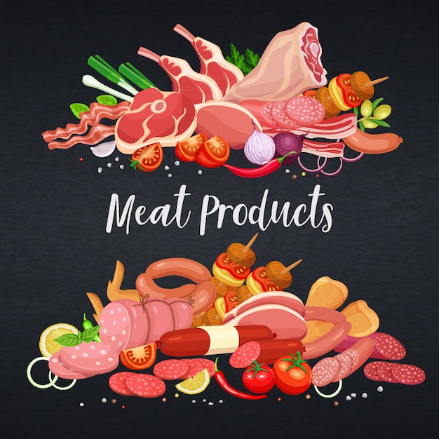 Produtos de carne gastronômica com modelo de banners de vegetais e especiarias para produção de carne de alimentos, brochuras, banner, menu e design de mercado. Ilustração.