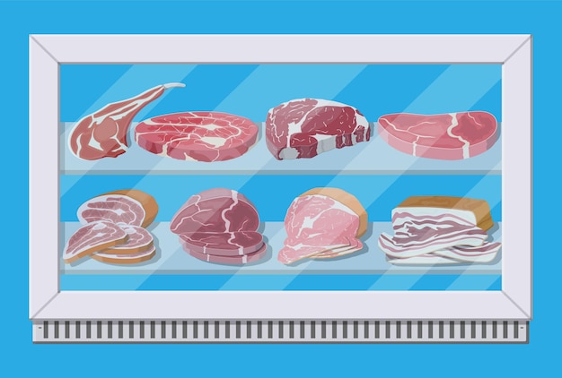 Vetor produtos de carne na geladeira do supermercado