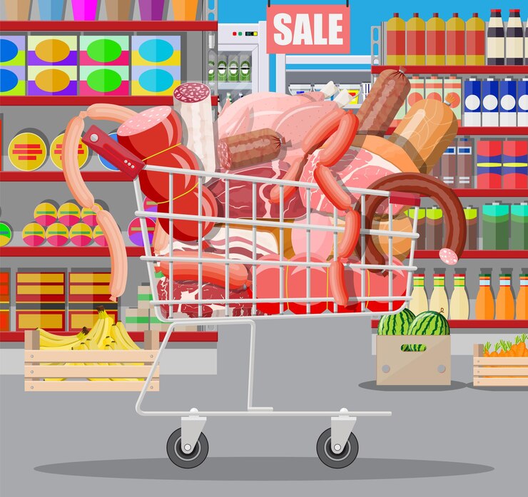 Vetor produtos de carne no carrinho do supermercado. balcão de vitrine de açougue de loja de carne. produto em fatias de salsicha. produto gastronômico de charcutaria à base de salame de frango de porco bovino. estilo simples de ilustração vetorial