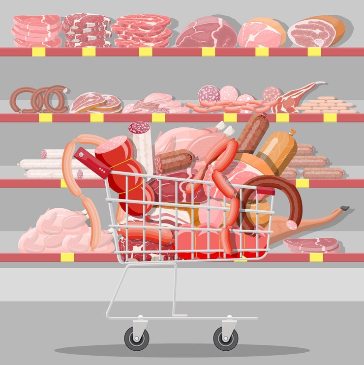 Vetor produtos de carne no carrinho do supermercado. balcão de vitrine de açougue de loja de carne. produto em fatias de salsicha. produto gastronômico de charcutaria à base de salame de frango de porco bovino. estilo simples de ilustração vetorial