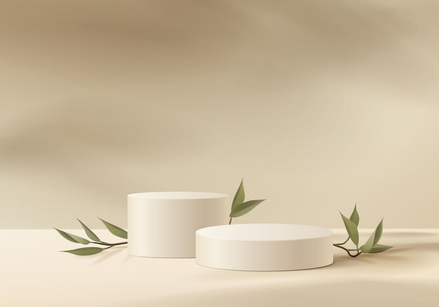 Produtos de fundo 3D exibem cena de pódio com plataforma geométrica de fundo vetorial 3D renderização com suporte de pódio para mostrar produtos cosméticos Vitrine de palco em pedestal exibição estúdio bege