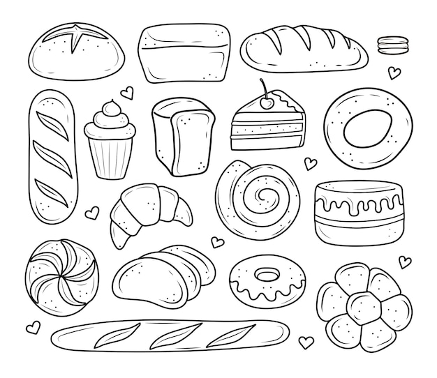 produtos de panificação desenhados no estilo de doodle pão preto e branco bolo monchik croissant
