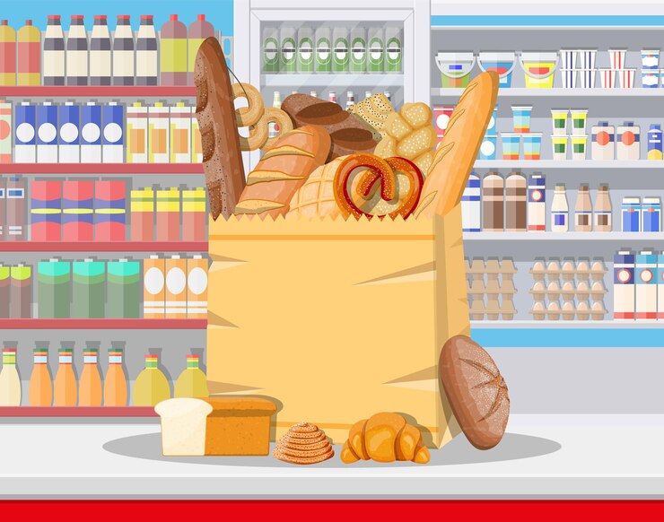 Vetor produtos de pão no interior de supermercado de shopping