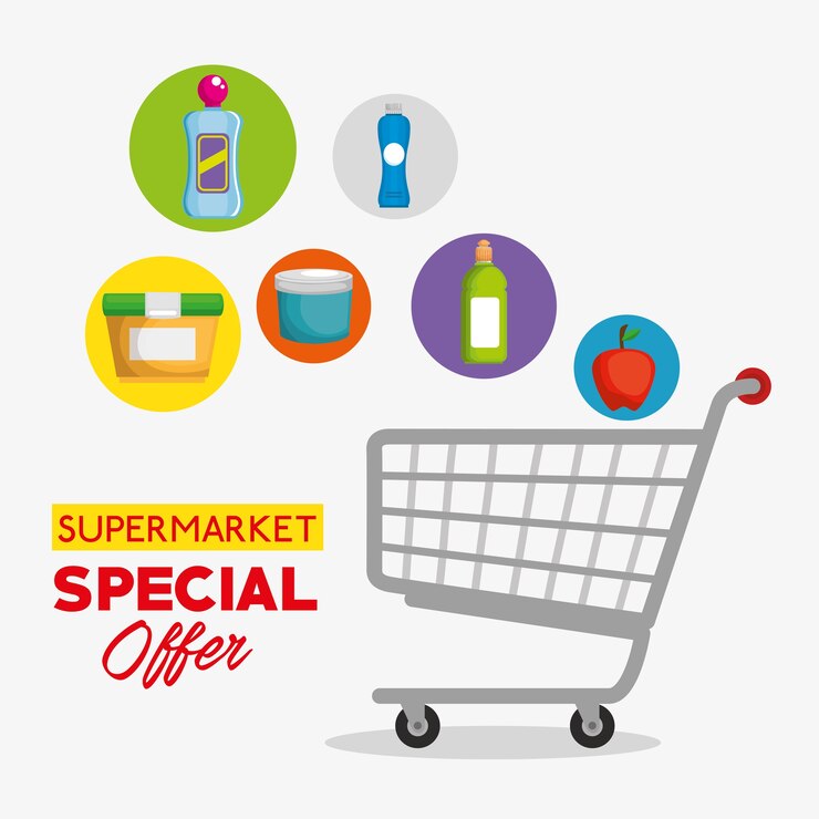 Vetor produtos de supermercado no carrinho de compras