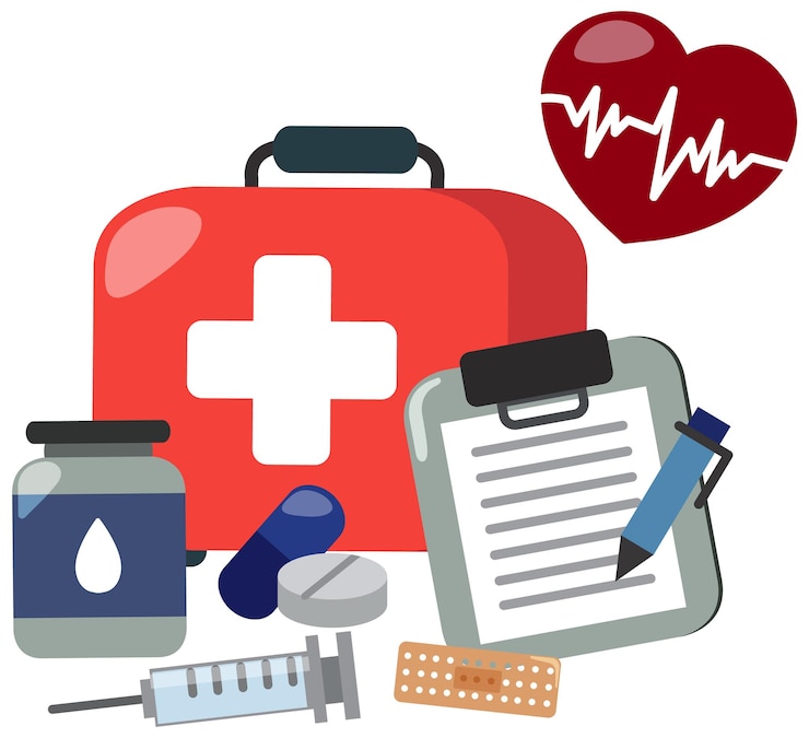 Vetor produtos essenciais de cuidados de saúde e ferramentas médicas