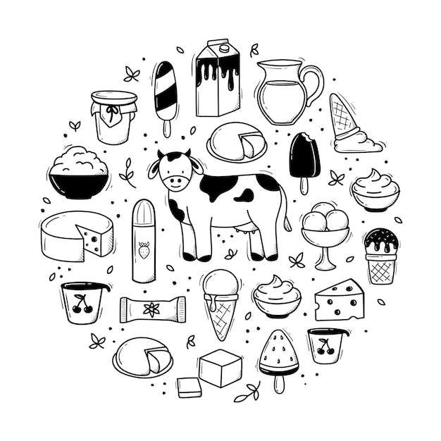 Produtos lácteos definidos em estilo doodle desenhado à mão