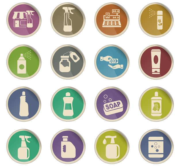 Produtos químicos armazenam ícones da web na forma de etiquetas redondas de papel