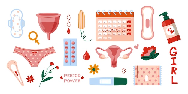 Vetor produtos sanitários do período menstrual produtos de ciclo de higiene feminina cartoon estilo plano conceito de cuidados de período com almofadas e tampões vetor conjunto de higiene e ilustração de menstruação