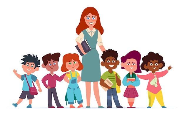 Professor com crianças. Feliz grupo multiétnico de meninos e meninas em idade escolar e conceito de educação de vetor de desenho animado pedagogo
