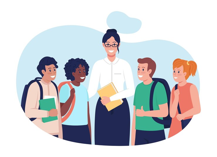 Vetor professor com ilustração isolada do vetor 2d dos alunos. personagens planas de pessoas multirraciais felizes no fundo dos desenhos animados. crianças depois da aula. tutora com a cena colorida de seus alunos