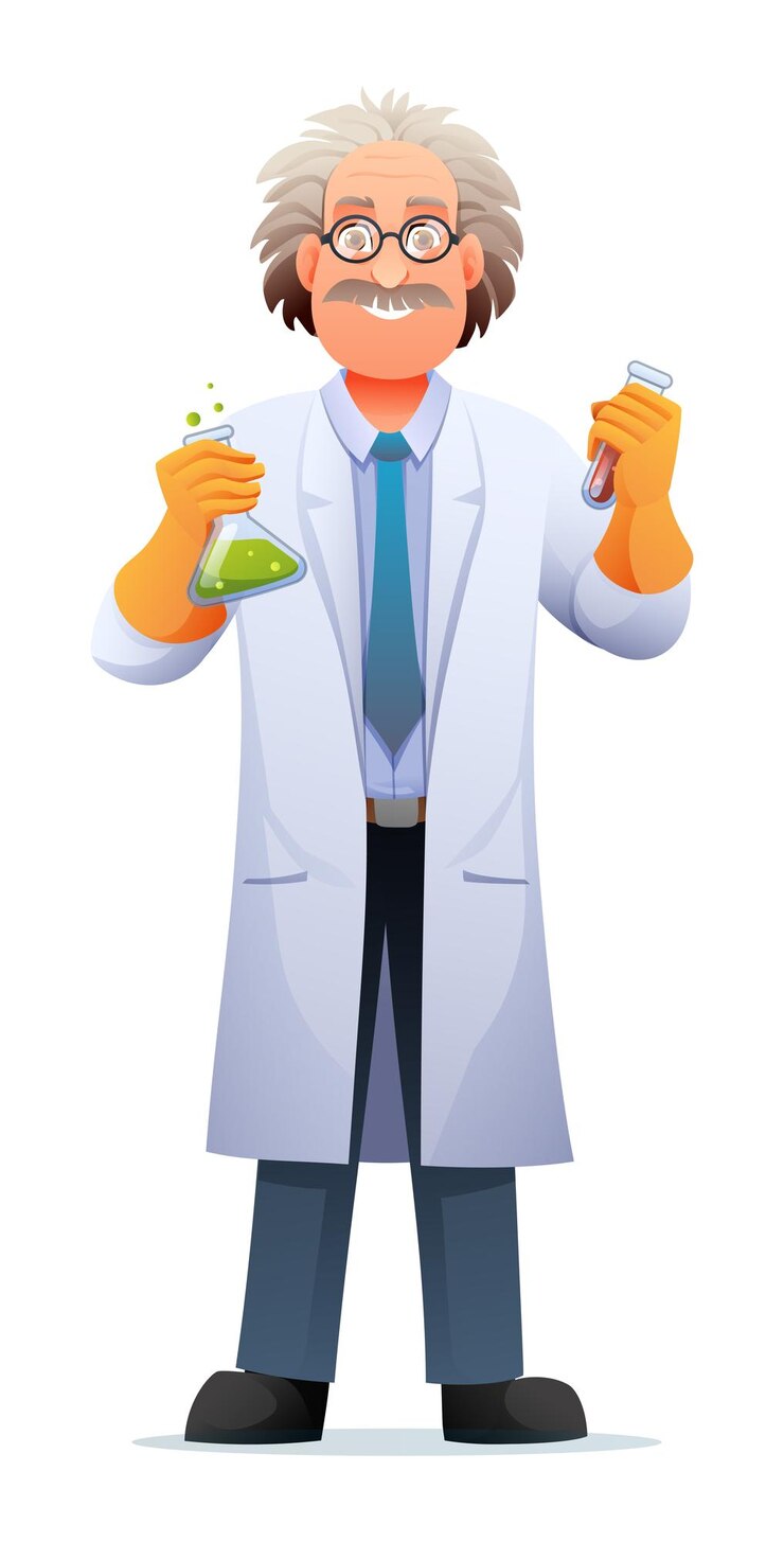 Vetor professor de ciência vestindo casaco de laboratório segurando tubos de ensaio ilustração de personagens de desenho animado vetorial