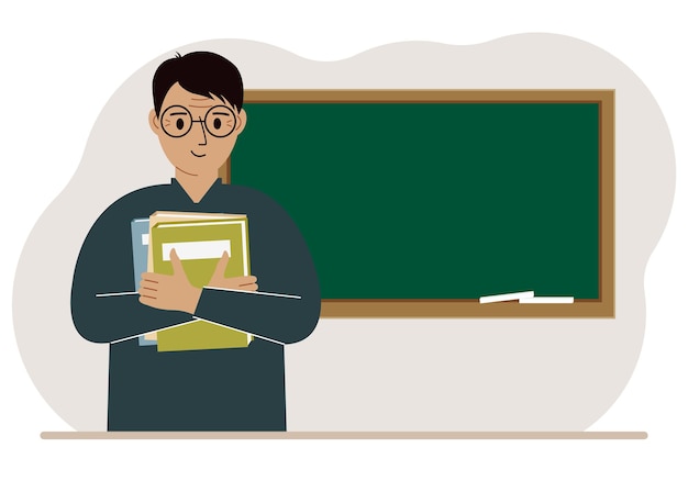 Professor do sexo masculino com livros no fundo do conselho escolar
