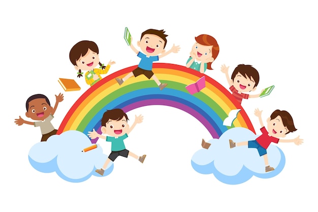Professor feliz com meninos e meninas aprendendo ou estudando crianças com educação Back to School Concept