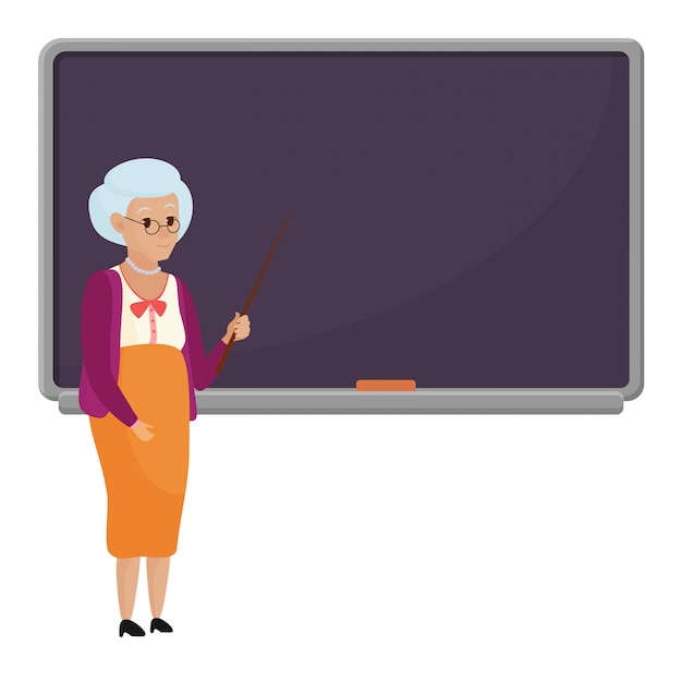 Professor fêmea idoso dos desenhos animados que está na frente da ilustração vazia do vetor do quadro-negro da escola. professor de vovó isolado.