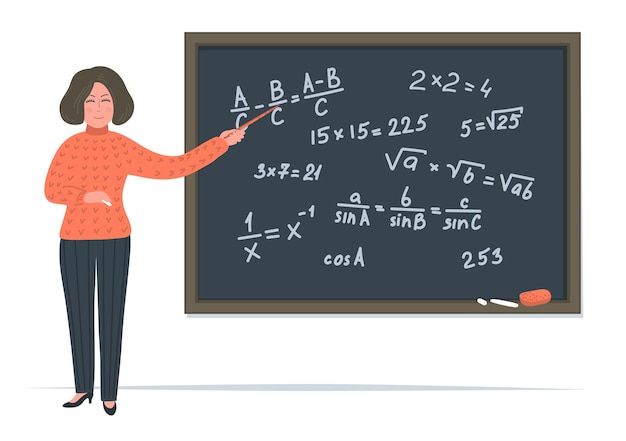 Professora de matemática com ponteiro perto do quadro-negro.