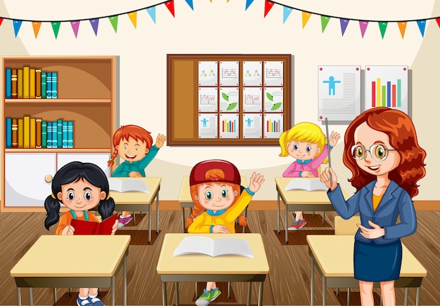 Professora ensinando alunos na cena da sala de aula