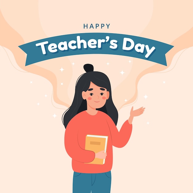 Professora feliz modelo de cartão de saudação do dia do professor escola e conceito de aprendizagem