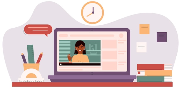 Vetor professora na tela do laptop conceito de educação on-line de tutoriais em vídeo de elearning