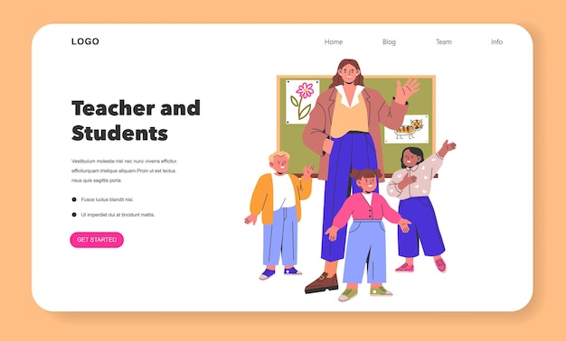 Professores e alunos concebem uma ilustração de um educador alegre com jovens alunos diversos em um