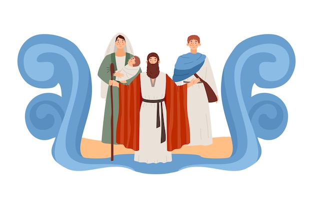 Vetor profeta bíblico de moisés dividindo a ilustração vetorial plana do mar isolada no fundo branco êxodo israelenses da cena do egito do antigo testamento da bíblia