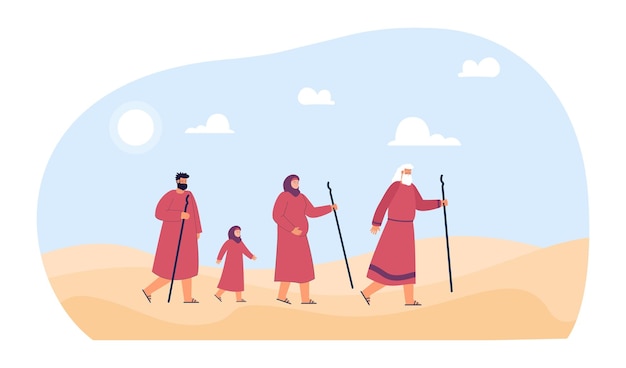 Profeta moisés liderando as pessoas através do deserto no antigo egito. personagem da bíblia andando com ilustração vetorial plana de pessoas cristãs. religião, conceito de judaísmo para banner ou página da web de destino