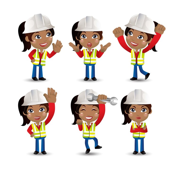 Vetor profissão - construtor. trabalhador. engenheiro com poses diferentes