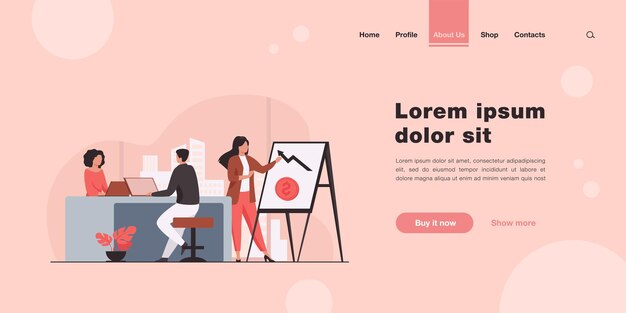 Profissional de marketing apresentando gráfico financeiro para a página de destino do chefe em estilo simples