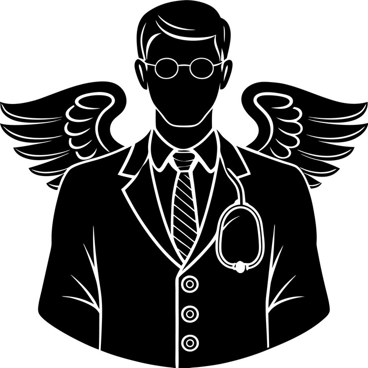 Vetor profissional médico com asas de anjo simbolizando cuidado e compaixão durante a cura