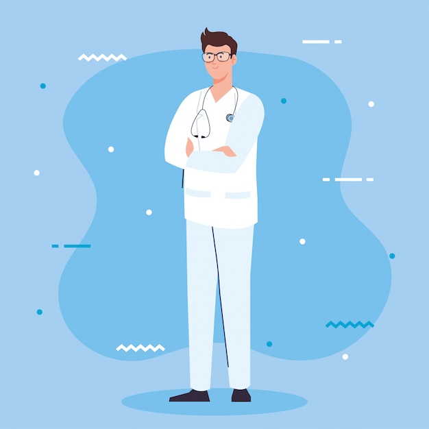 Profissional médico com estetoscópio e uniforme, homem médico, hospital trabalhador vector design ilustração