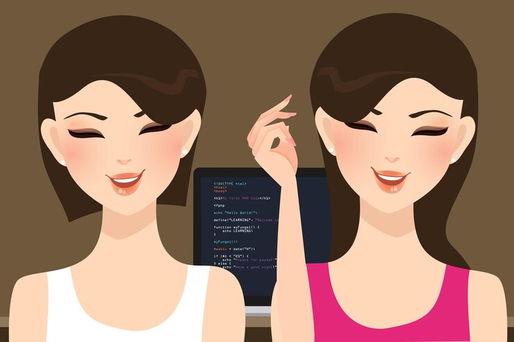 Vetor programação de par mulher bonita menina codificação na frente da tela