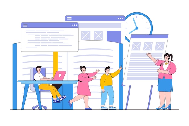 Programação ou conceito de tecnologia digital Crianças trabalhando e aprendendo a codificar em computadores com professor Contorno estilo de design ilustração vetorial mínima para imagens de heróis de banner da página de destino