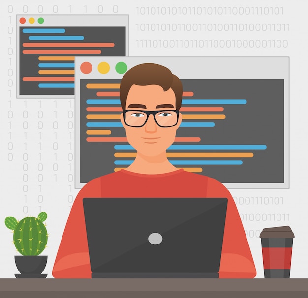 Vetor programador de homem está trabalhando com código de laptop. codificação de programador.